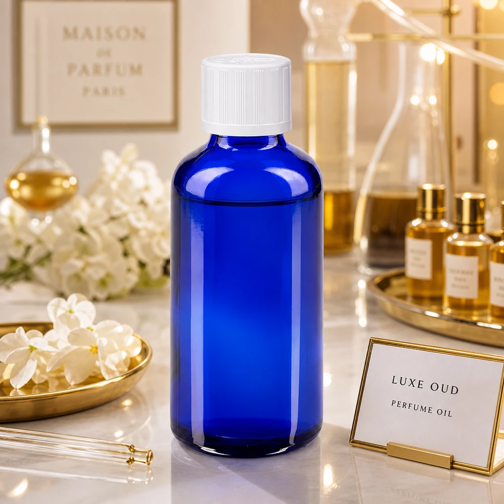 Apoteksflaske blå 50 ml skruelåg hvid KiSi St Blå 50 ml apotekerflaske med hvid børnesikring som beholder til parfumeolie i luksuriøs udførelse