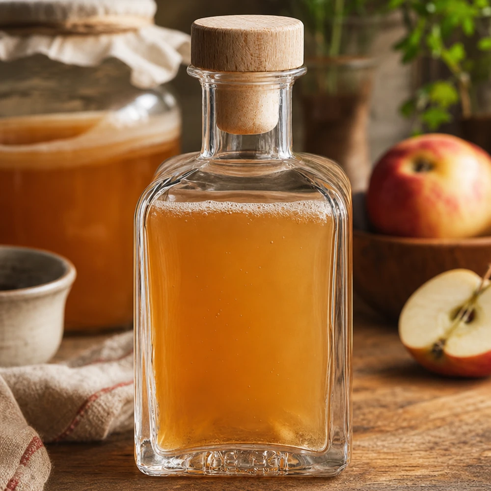 200 ml apoteksflaske »Clara« med træhåndtag og prop UNiTWIST® 200 ml glasflaske Clara fyldt med æblejuice træprop æbleskiver rustikt køkken naturlig juice dekorativ flaske