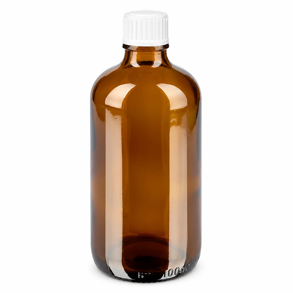 100 ml brun apotekerflaske af glas med hvid skruelåg, 11 mm