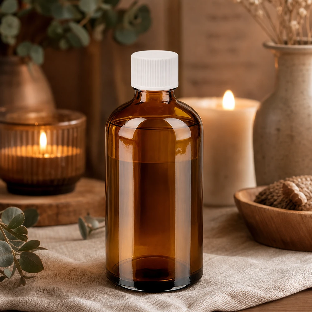 100 ml flaske 11 mm SV hvid STD BrownLine UT18/100 Lille 100 ml ravfarvet glasflaske med hvid hætte, ideel til gør-det-selv-kosmetik og naturmedicin