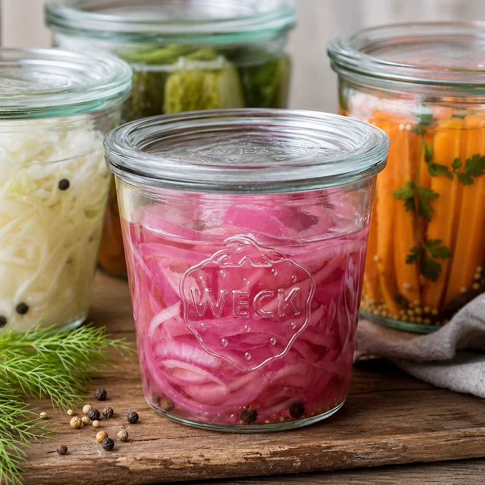 580 ml krukke med glaslåg WECK RR100 WECK 580 ml glaskrukke fyldt med syltede grøntsager og krydderier til fermentering Eksempel ved siden af dild