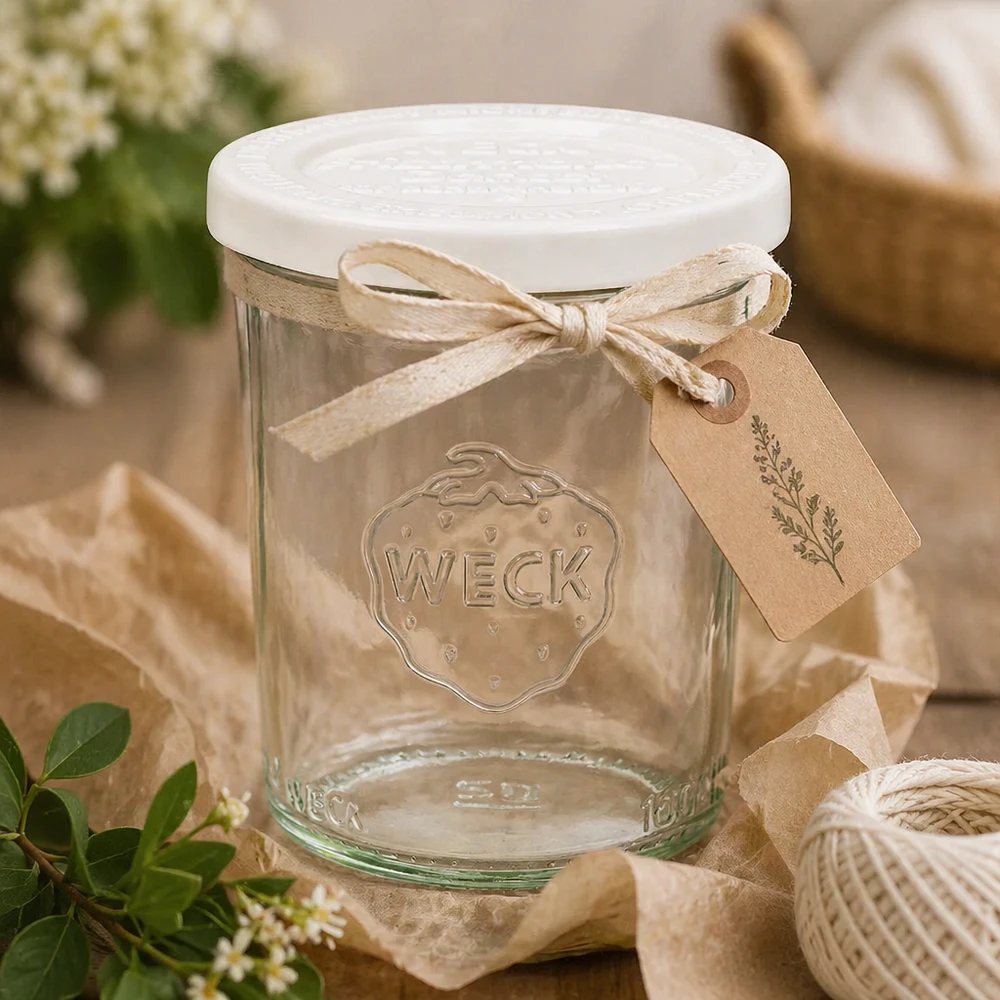 160 ml krukke med friskhedslåg WECK RR60 WECK Sturzglas 160ml mit Dekobändchen und Anhänger - rustikale Geschenkverpackung für selbstgemachte Marmelade