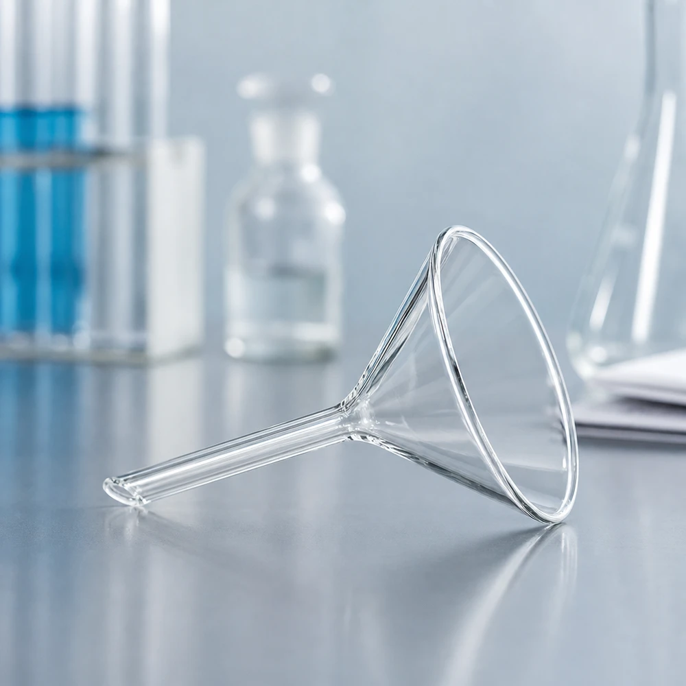 Tragt Ø 60mm sodakalk, vinkel 60°, kort model Gennemsigtig laboratorietragt lavet af robust sodakalkglas med et kompakt design, der gør den nem at håndtere