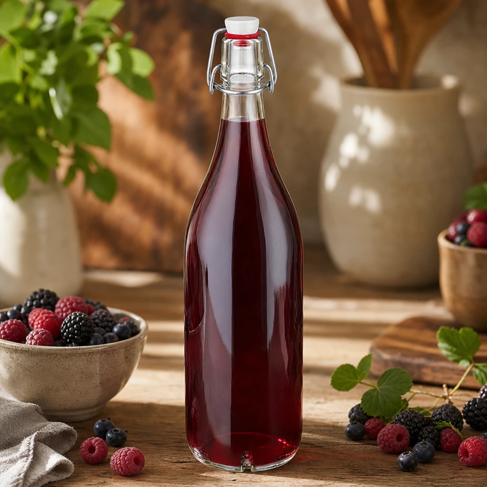 1000 ml glasflaske og hængelåg porcelæn UNiTWIST 1000ml Glasflasche mit Bügelverschluss gefüllt mit Beerensaft neben frischen Himbeeren und Blaubeeren auf Holz