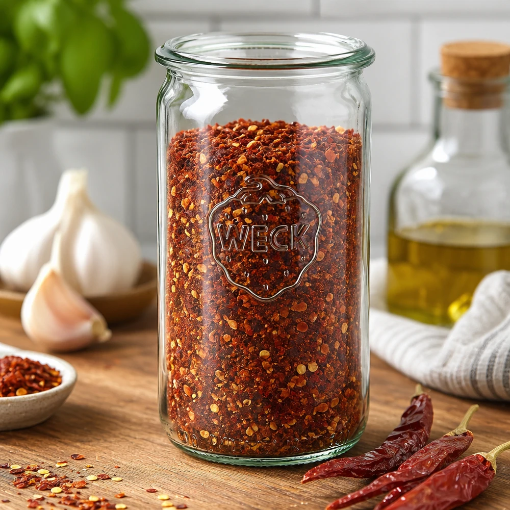 340 ml WECK RR60-glasbeholder WECK cylinderglas 340 ml RR60 fyldt med chiliflager på et træbord med hvidløg og tørrede chilier