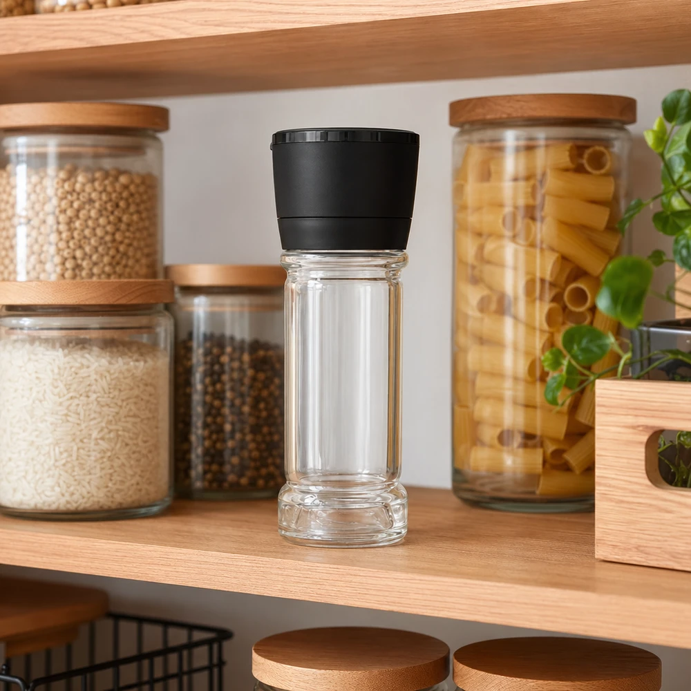 Salt-/krydderikrukke 100 ml med kværn, Vario, sort Krydderiglas på 100 ml med sort Vario-kværn på et træhylde mellem glas med ris og pasta