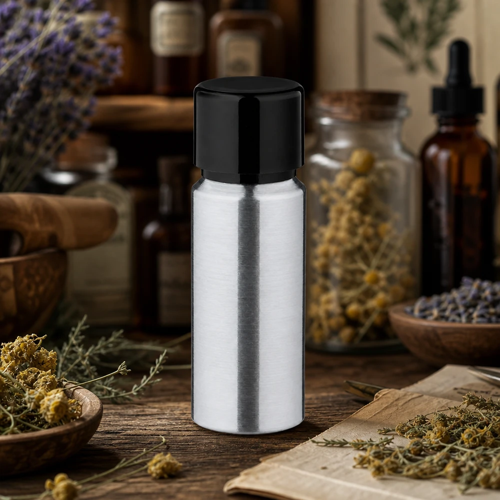 20 ml flaske i poleret aluminium med skruelåg 20 ml aluminiumsflaske af høj kvalitet med børstet metaloverflade til naturkosmetik og aromaterapi