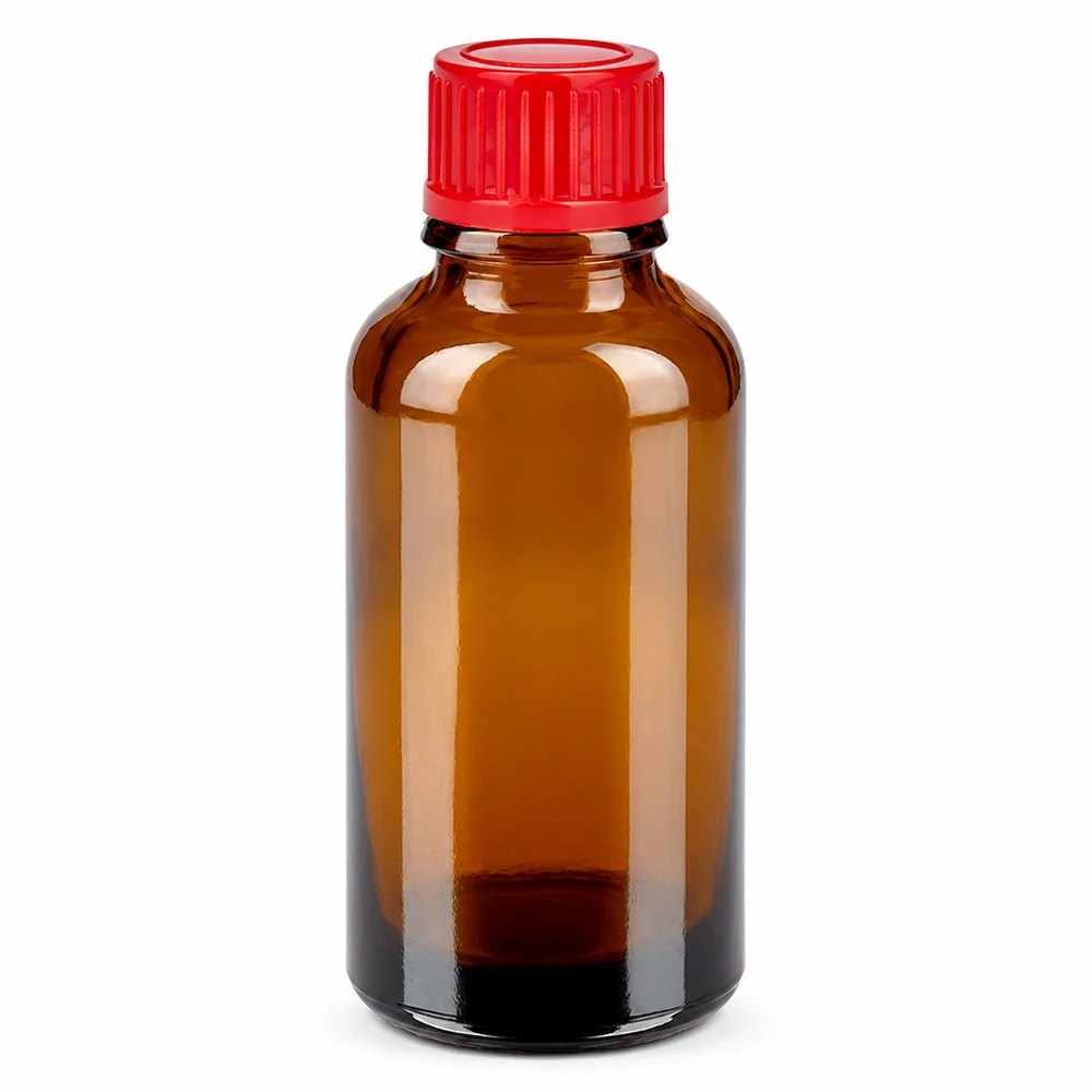 30 ml flaske 11 mm SV rød STD BrownLine UT18/30 30 ml ravfarvet glasflaske med rødt skruelåg til æteriske olier og medicin