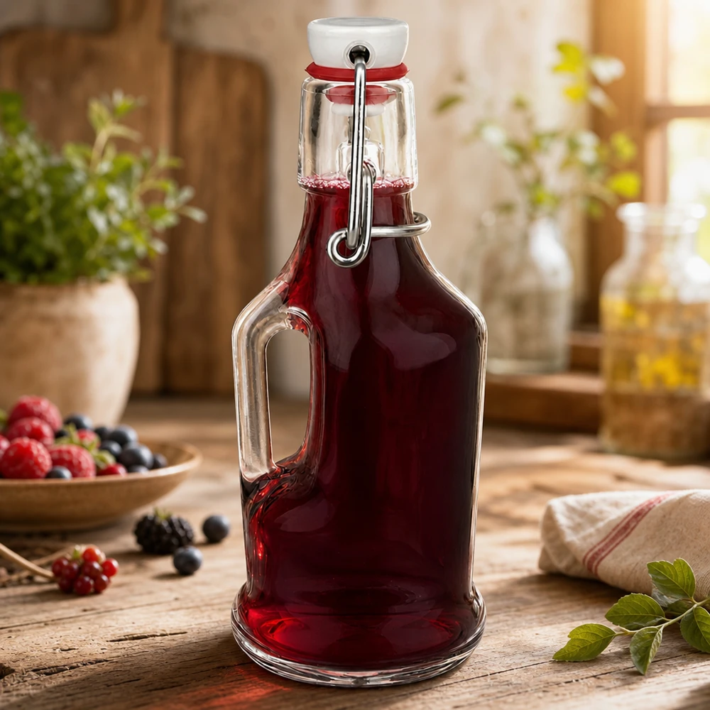 200 ml glasflaske »Bertha« og PVC-skruelåg UNiTWIST® Glasflaske Bertha 200 ml fyldt med rød bærsaft, svinglåg lukket, rustikt køkken med bær