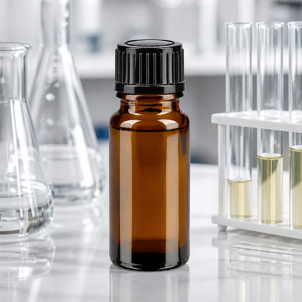 10 ml laboratorieflaske af brunt apotekerglas med sort plastprop i laboratoriemiljøet