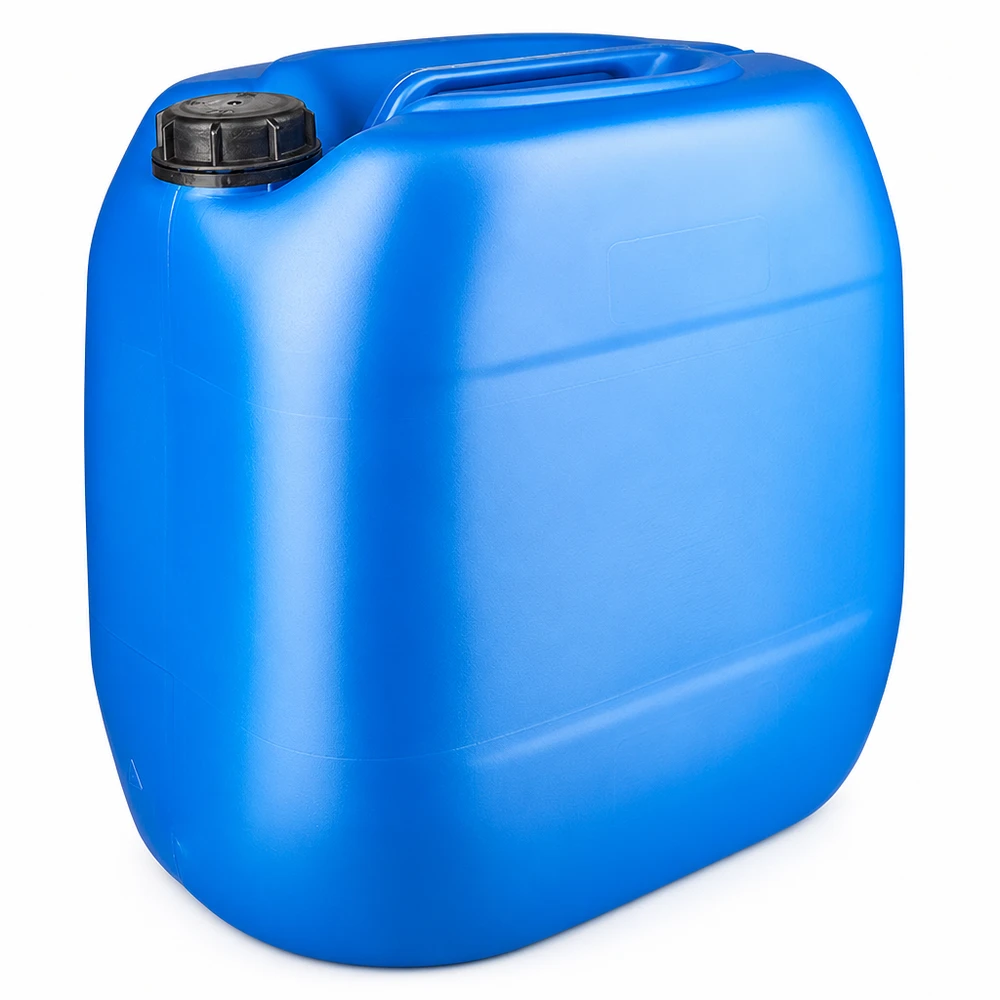 Blå plastdunk på 30 liter med sort skruelåg (OV) til sikker opbevaring af væsker