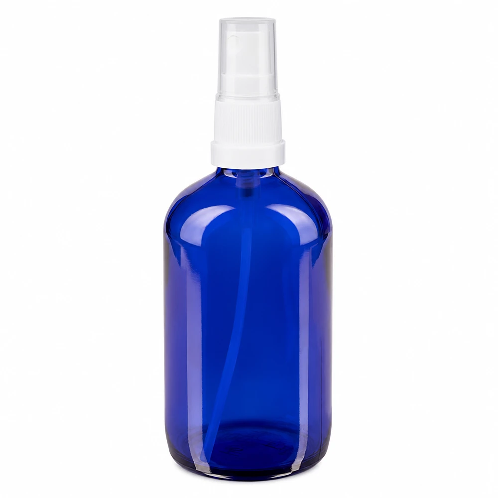 100 ml blå glasflaske med hvid forstøver, fremstillet af apotekerglas, til kosmetik og farmaci