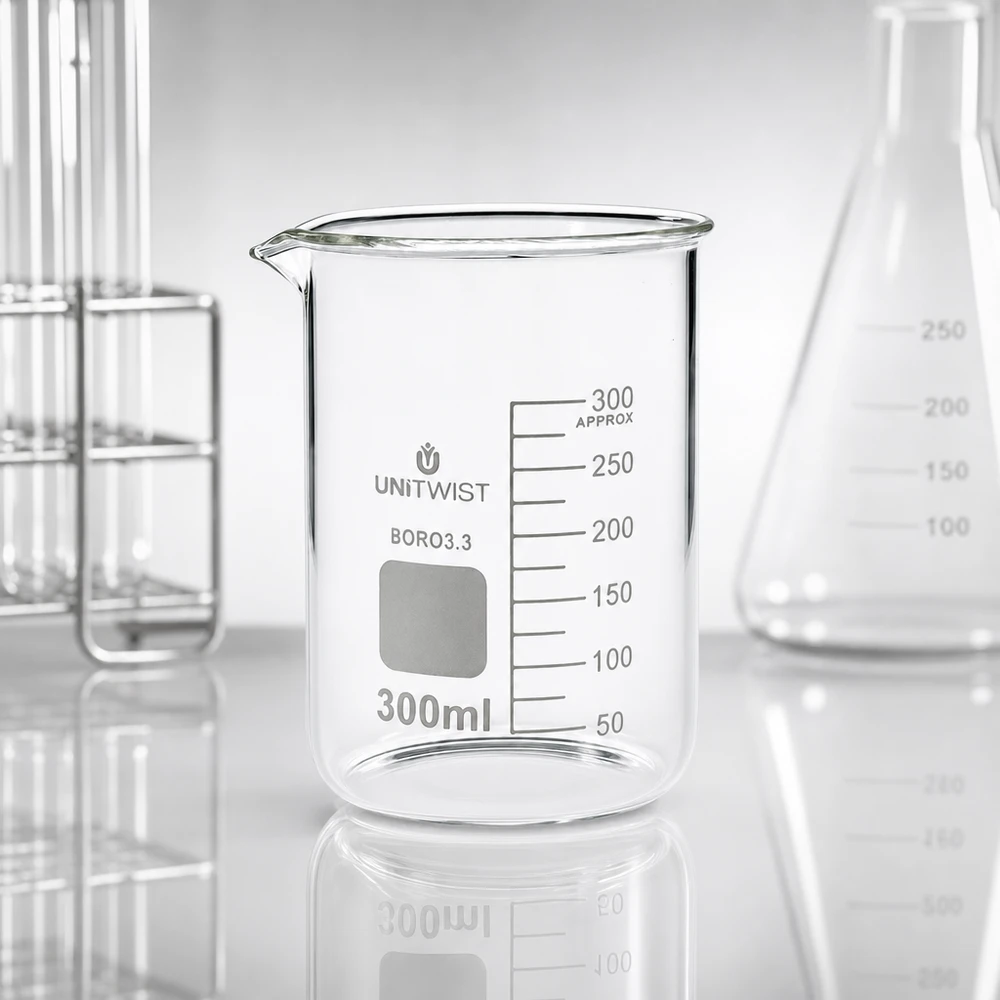 Bæger 300 ml borosilikat, lav form UNiTWIST UNiTWIST bægerglas 300 ml, borosilikatglas, lav model med milliliterskala ved siden af Erlenmeyer-kolben