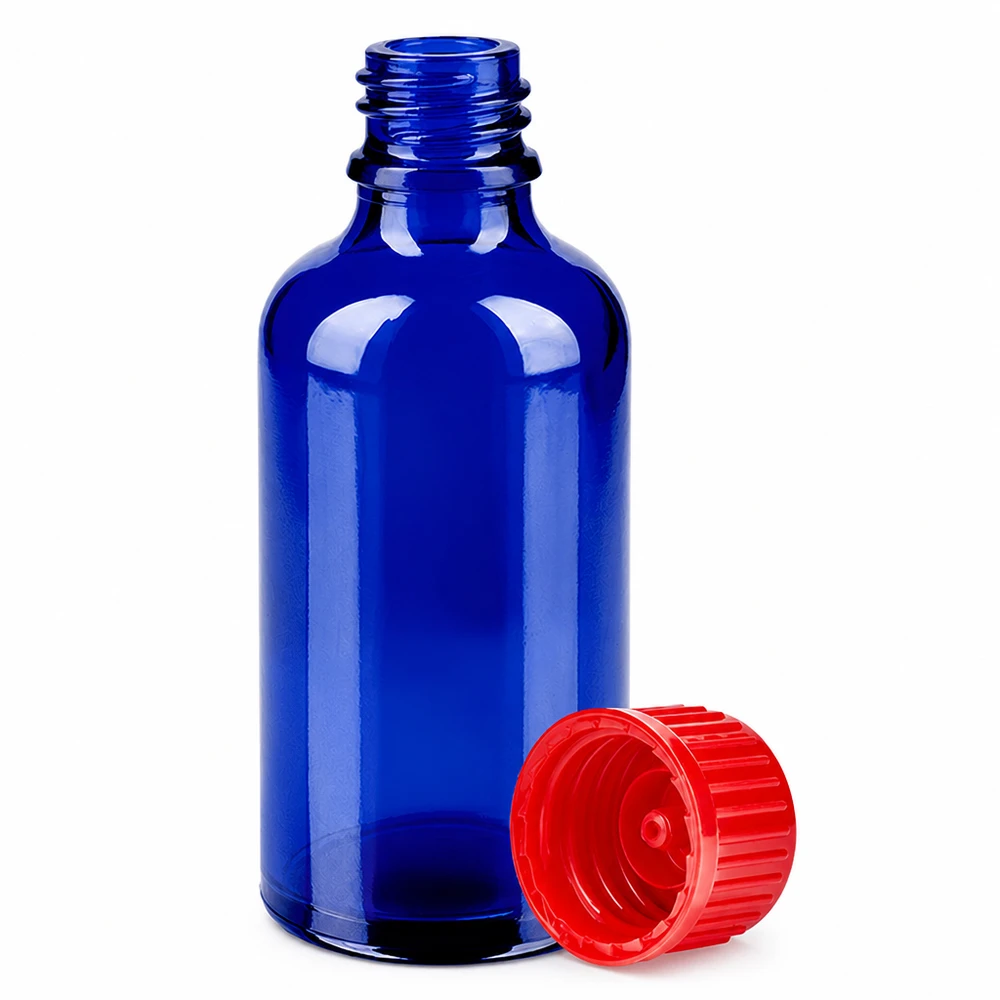 50 ml flaske 11 mm SV rød STD BlueLine UT18/50 Lille 50 ml laboratorieflaske i koboltblå med knaldrød hætte til præcis dosering
