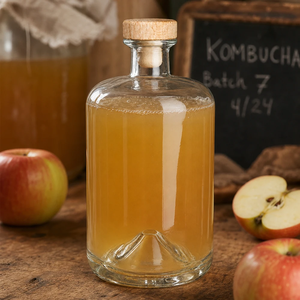 700 ml apoteksflaske Sofia med træhåndtag og kork UNiTWIST® 700 ml Sofia-glasflaske med træprop fyldt med æblejuice ved siden af friske æbler og Kombucha-bar