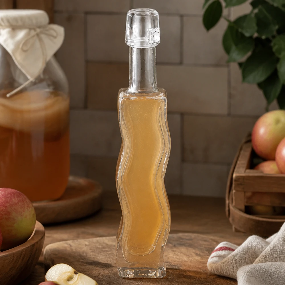 40 ml glasflaske Fila uden hængelåg UNiTWIST® 40 ml glasflaske Anna fyldt med æblecidereddike rustikt køkken træplade friske æbler naturlige ingredienser vinaigrette