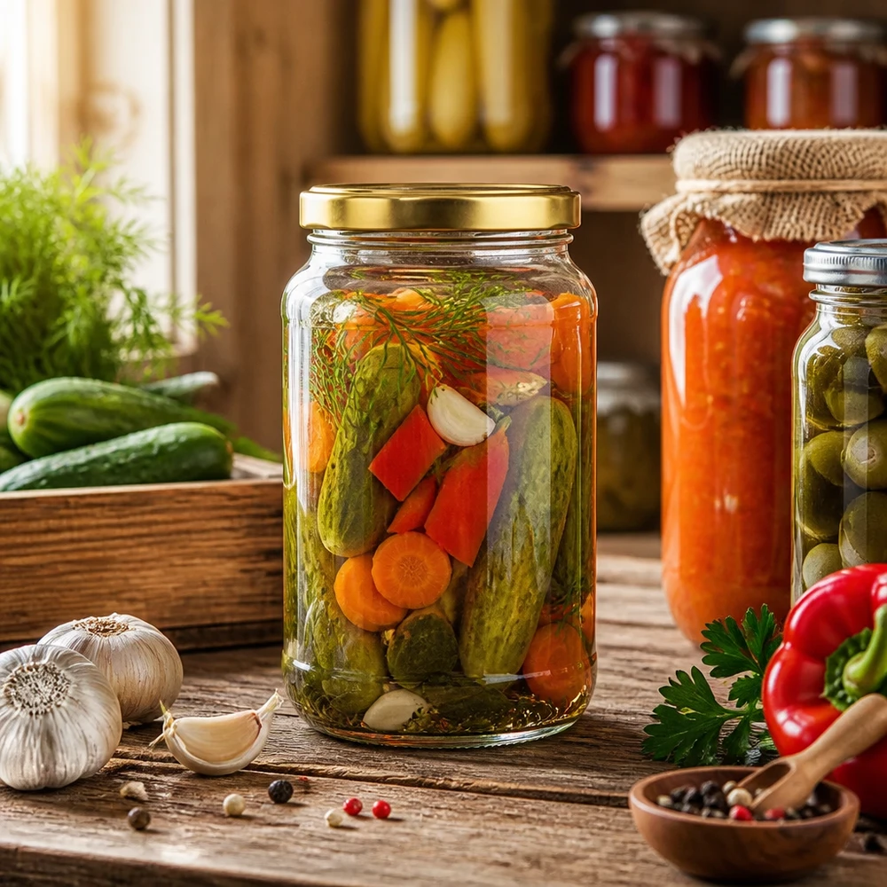 1700 ml rund krukke med BasicSeal-låg i guld UNiTWIST 1700 ml BasicSeal gold rund krukke til konservering af grøntsager - konserveringskrukke til agurker, peberfrugter og blandede pickles