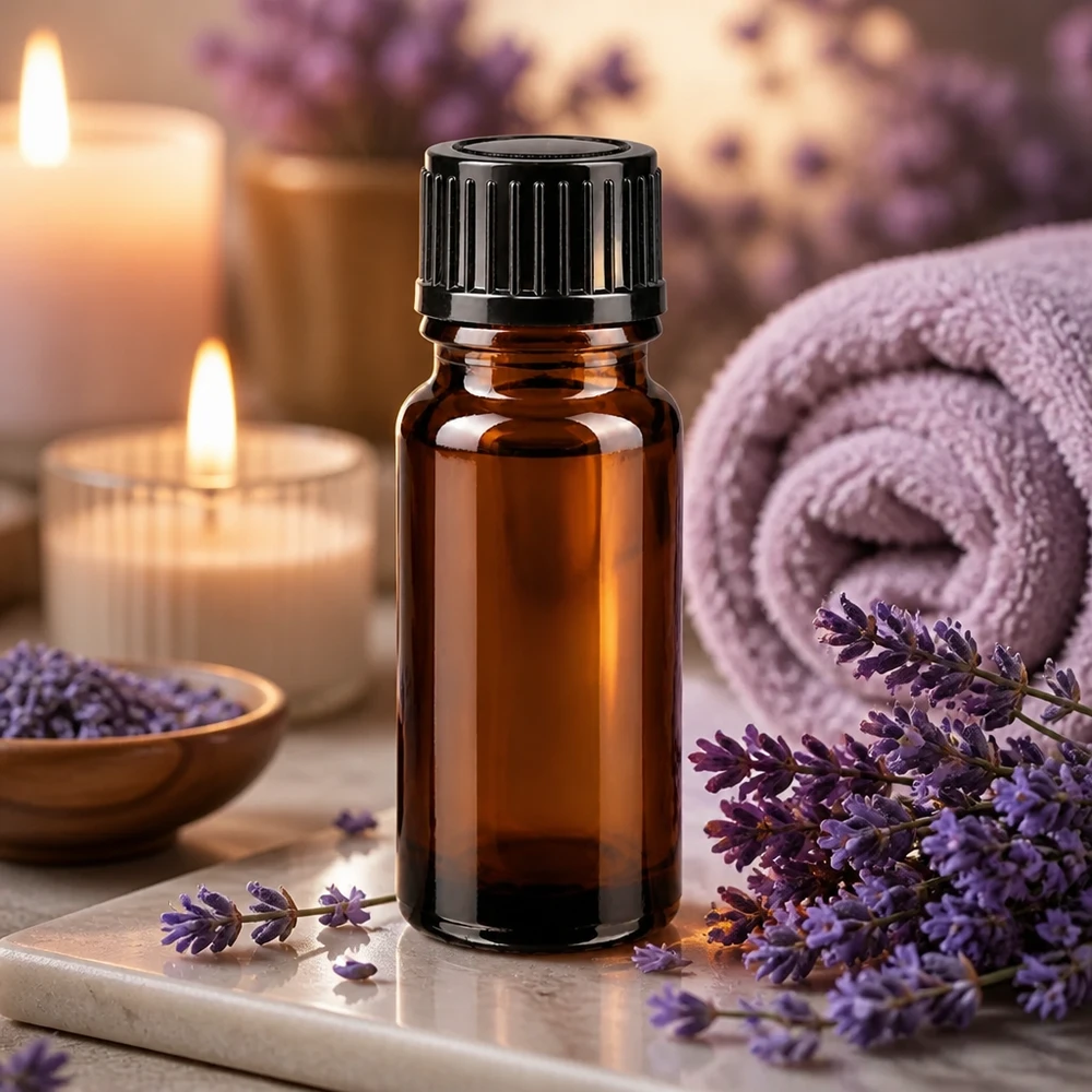Apoteksflaske brun 10ml dryp v. 1mm sort pc Brun glasdråbeflaske på 10 ml med sort doseringshætte mellem lavendelblomster og stearinlys