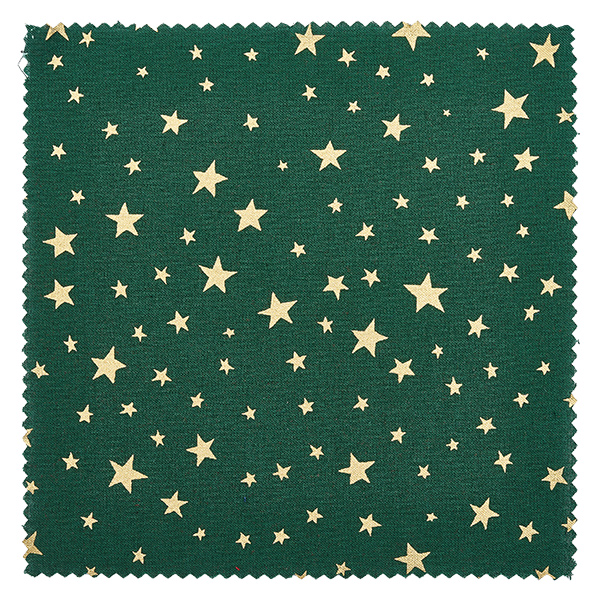 Stofdækkeserviet stjerner grøn 120x120mm firkantet Nærbillede af grønt stof med gyldne stjerner i forskellige størrelser, dekorativt dækkeservietmateriale 12x12cm firkantet