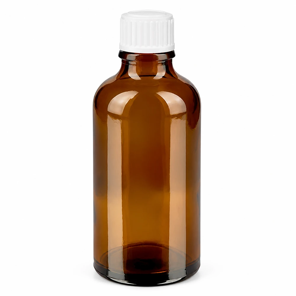 50 ml brun dråbeflaske af apotekerglas med hvid skruelåg og en dråbeåbning på 0,9 mm