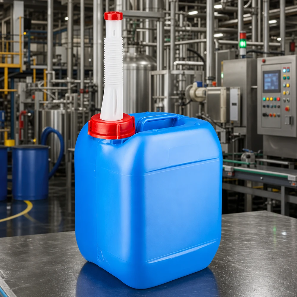 5 liters blå dunk med fleksibelt udløbsrør HDPE-kanister på 5 liter, blå, med fleksibelt udløbsrør til industriel brug