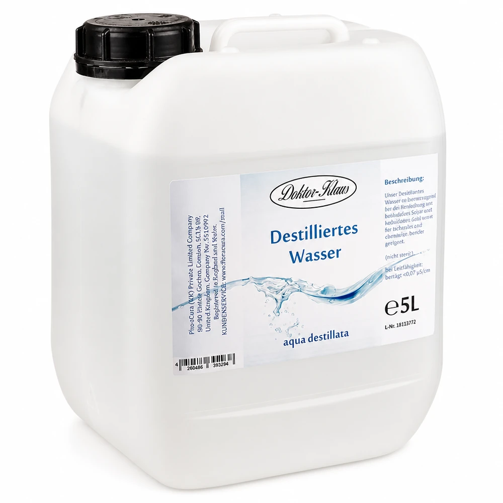 5 liter destilleret vand Doktor Klaus 5 liter Doctor Claus destilleret vand i hvid plastbeholder med sort skruelåg