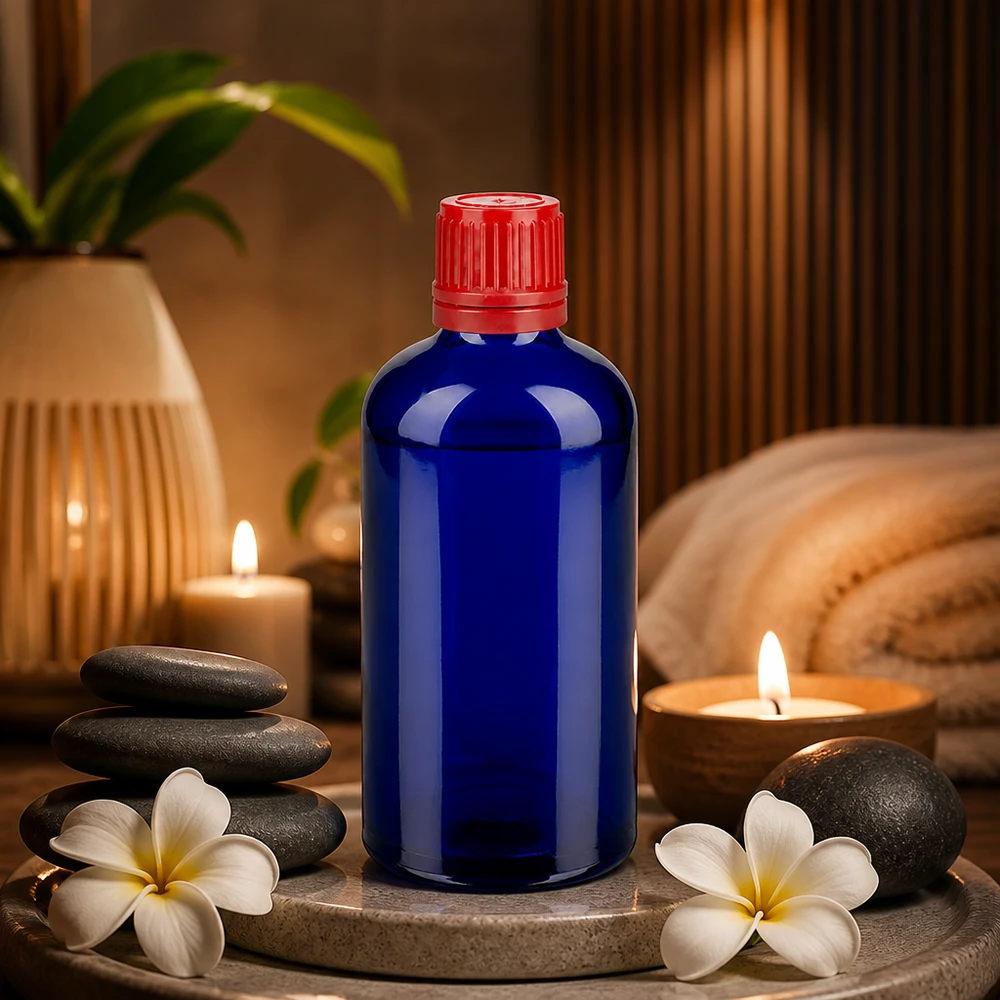 100 ml flaske 11 mm SV rød OV BlueLine UT18/100 100 ml blå medicinflaske BlueLine UT18 med børnesikret rød hætte til dråber