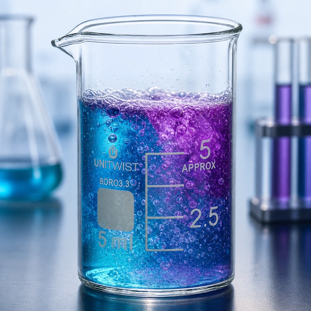 Bæger 5 ml borosilikat, lav form UNiTWIST 5 ml bægerglas, lav form, med blå-violet reaktion og dannelse af bobler i laboratoriemiljøet