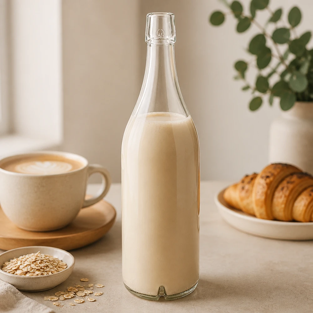 1000 ml glasflaske uden skruelåg UNiTWIST Glasflaske 1000 ml UNiTWIST fyldt med havremælk morgenmadsbord croissant kaffe lys køkken grøntsag