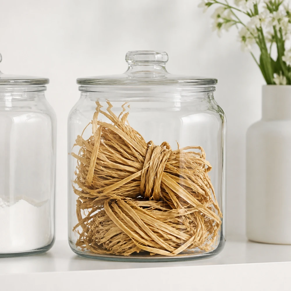 Naturbast til dekoration, 30 g Naturraffia 30 g i glaskrukke med låg opbevares ved siden af hvide opbevaringskrukker til pæn organisering af hobbymaterialer