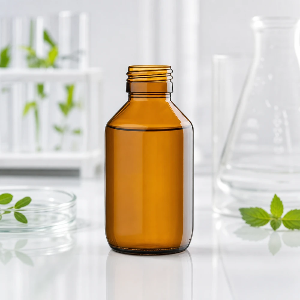 100 ml medicinflaske brun, uden hætte PP28 ApoGlas. Farmaceutisk kvalitet fra EU-produktion. 28 mm gevind. (sirup, let glasflaske) 100 ml ravfarvet glasflaske af høj kvalitet til apoteker med PP28-gevind til sikker opbevaring