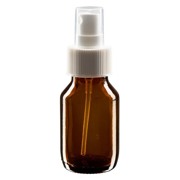 50 ml medicinflaske brun, med pumpesprøjte hvid ApoGlas. Farmaceutisk kvalitet fra EU-produktion. 28 mm (PP28) gevind. (sirup, let glasflaske)