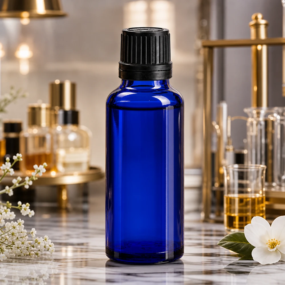 Apoteksflaske blå 30ml skruelåg sort hældeprop r. OV Koboltblå 30 ml apotekerflaske med sort OV-lukning på en marmoroverflade i laboratoriet