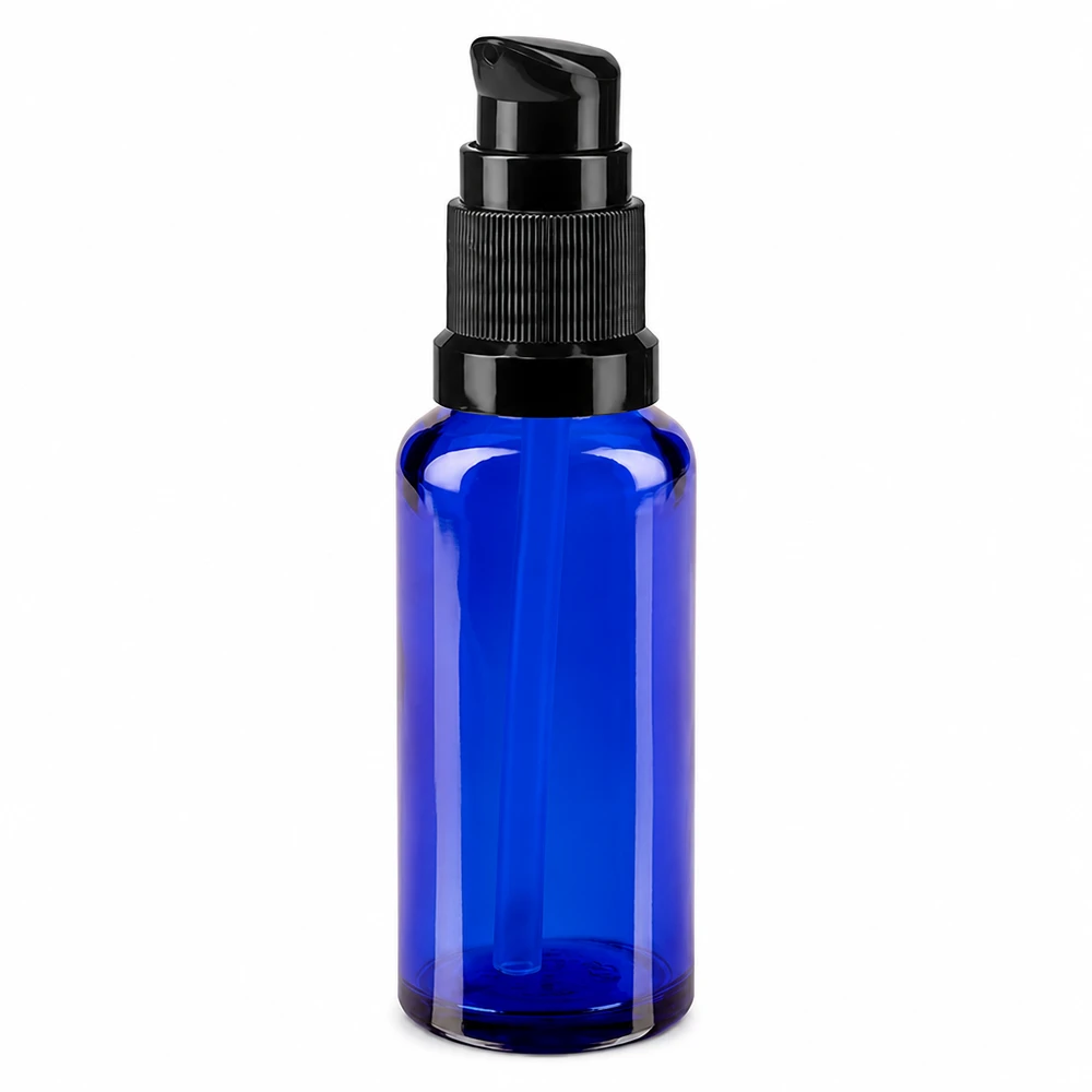 30 ml blå glasflaske med sort pumpe til apoteker og kosmetik