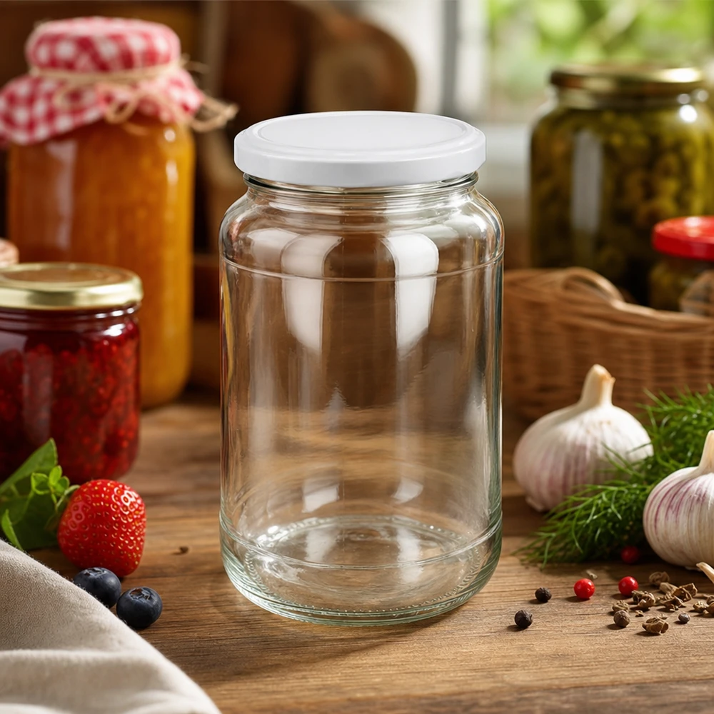 1700 ml rund krukke med BasicSeal-låg hvid UNiTWIST 1700 ml rund krukke tom med hvidt BasicSeal-låg i køkkenet mellem syltetøjsglas og friske ingredienser