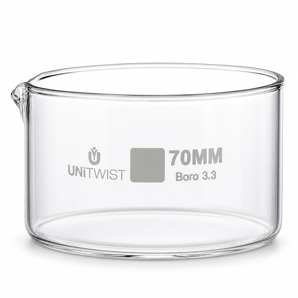 Krystalliseringsskål 70 mm, borosilikatglas 3.3, UNiTWIST, gennemsigtig, cylindrisk med udløb