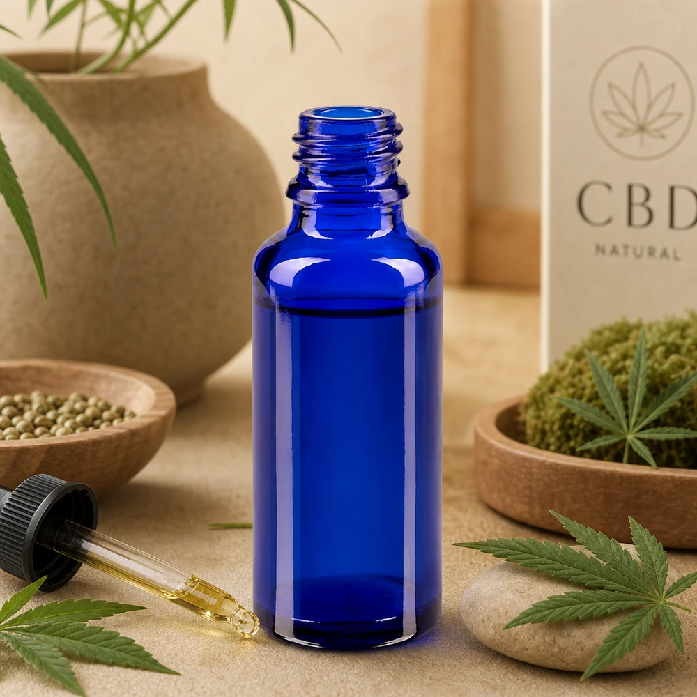 30 ml blå apoteksflaske (ApoGlas) med CBD-olie og dråbetæller i et naturligt design med hampeblade