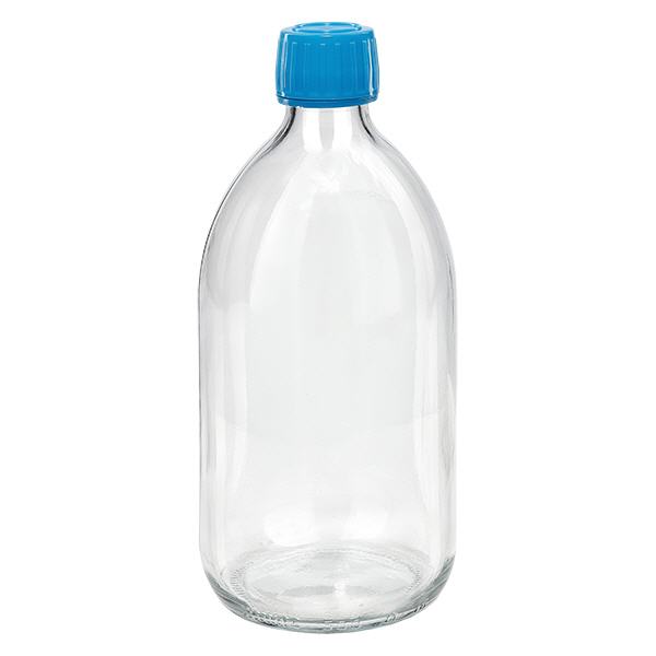 500 ml medicinflaske klar, blå hætte med tyverisikring ApoGlas. Farmaceutisk kvalitet fra EU-produktion. 28 mm (PP28) gevind. (sirup, let glasflaske) 500 ml medicinflaske klar, blå hætte med tyverisikring ApoGlas. Farmaceutisk kvalitet fra EU-produktion. 28 mm (PP28) gevind. (sirup, let glasflaske)