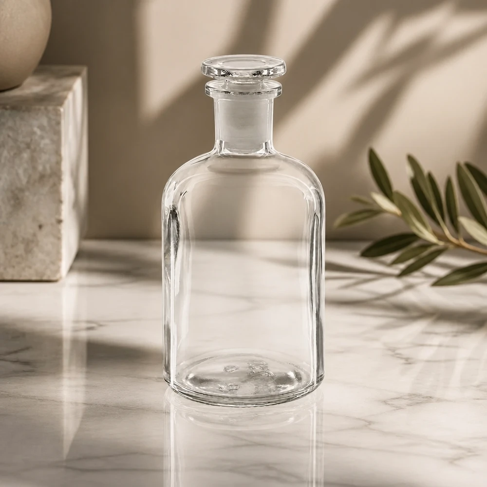 Rund skulderflaske 250 ml klar glasprop med smal hals Apotekerflaske, 250 ml, klar, med glasprop, cylindrisk form, til laboratorie- og husholdningsbrug