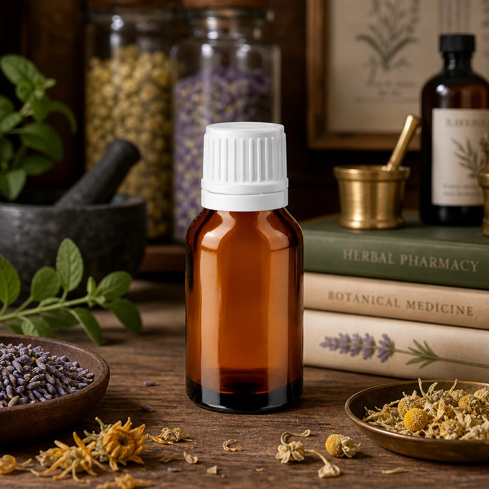 Apoteksflaske brun 30 ml skruelåg hvid OV Brun 30 ml apotekerflaske med hvid skruelåg mellem urtebøger og tørrede blomster