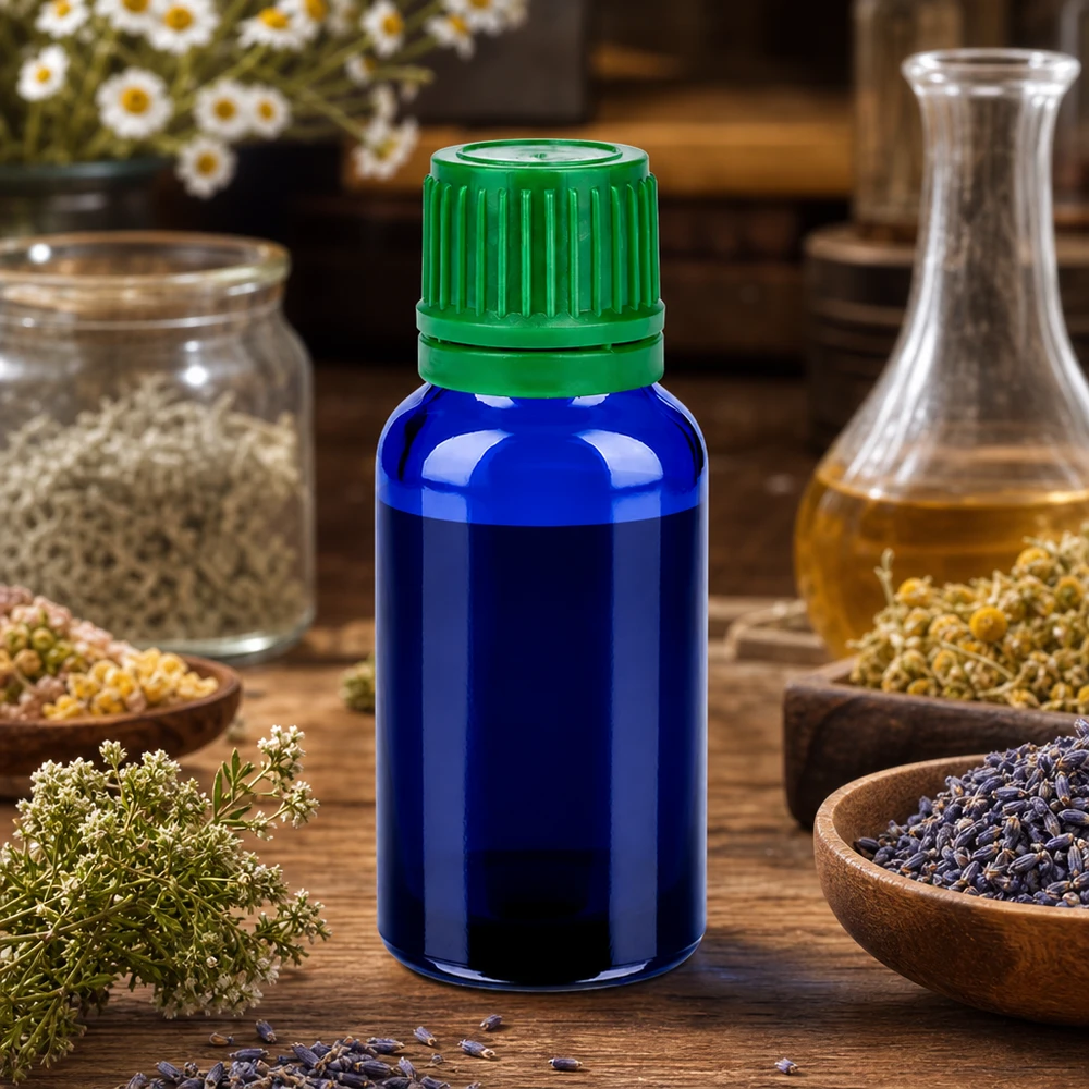 Kompakt 20 ml flaske med grønt skruelåg, ideel til DIY-naturkosmetik og -essenser