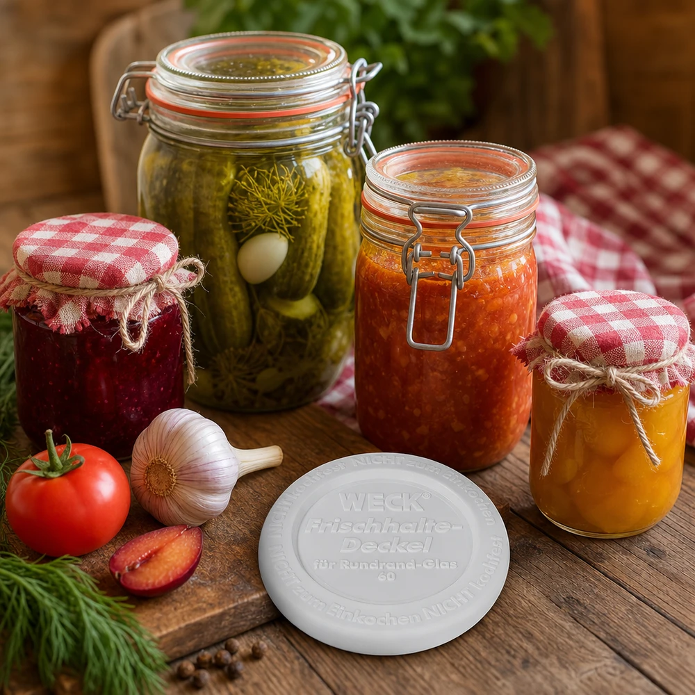 WECK/REX keep-fresh-låg RR60 WECK Frischhaltedeckel RR60 Einmachgläser mit hausgemachten Konserven Marmelade Gurken Tomaten rustikale Küche