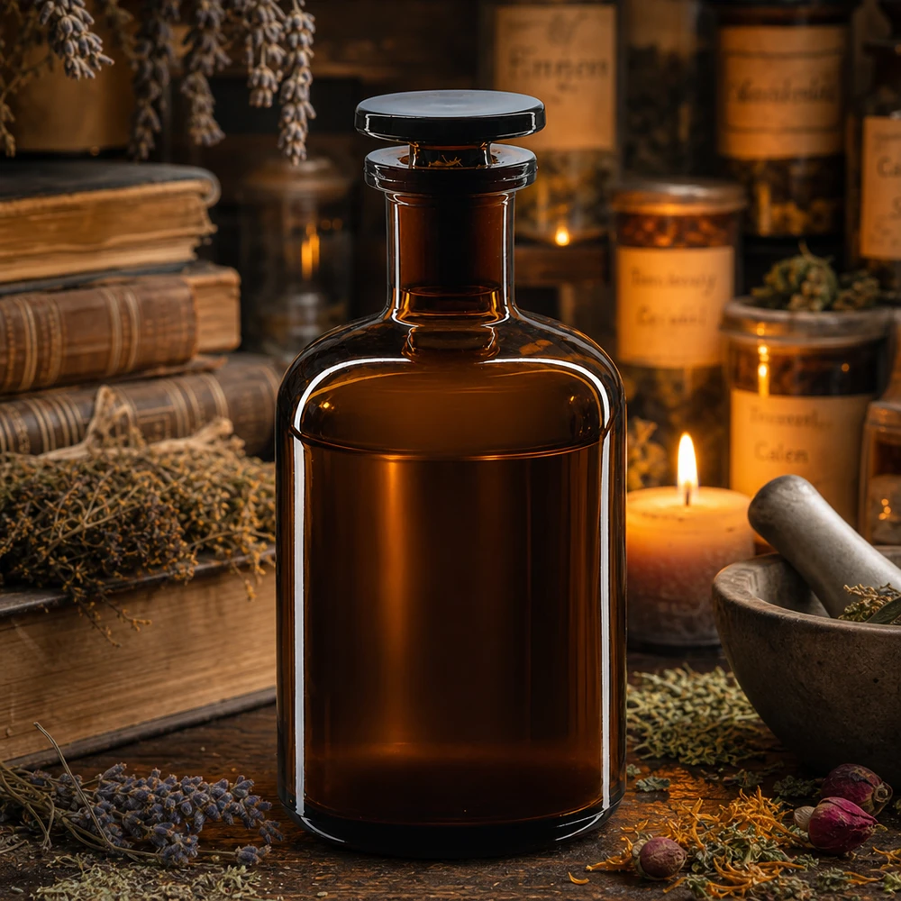 Rund skulderflaske 100 ml brun glasprop med smal hals Apotekerflaske, 100 ml, brun, med smal hals og glasprop til urter og tinkturer
