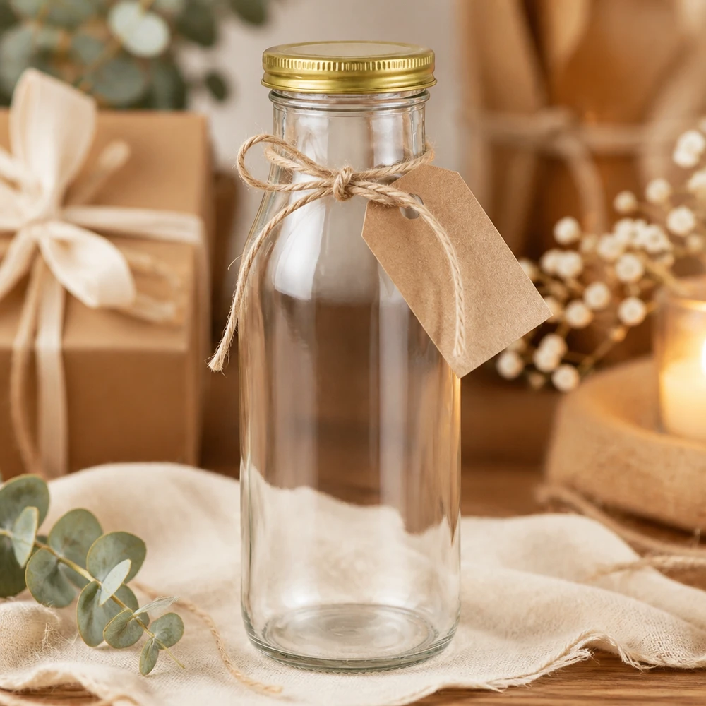UNiTWIST Flaske263 med guld. Låg TO43 BioSeal UNiTWIST Bottle263 als Geschenkidee mit Bastband und Etikett in festlicher Dekoration mit goldenen TO43 BioSeal Deckel