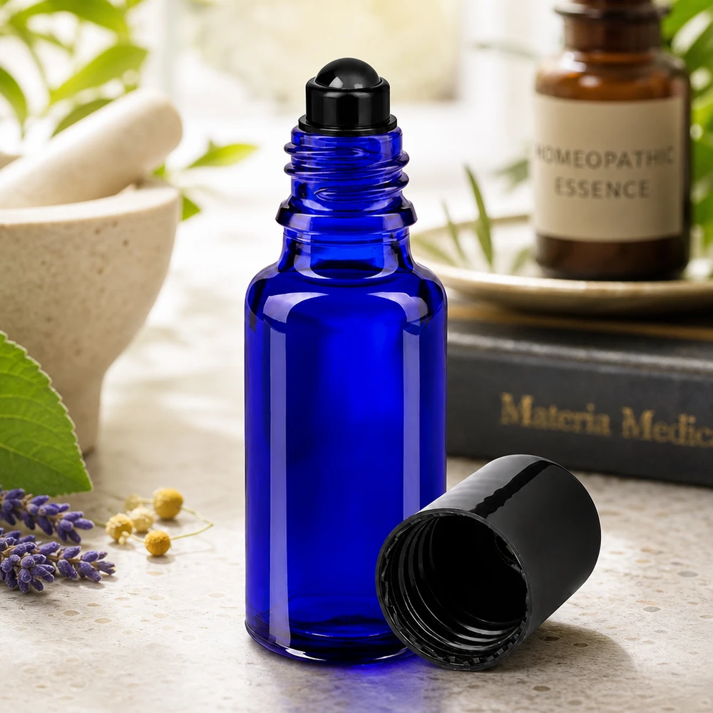 Apoteksflaske blå 20 ml roll-on-hætte sort Koboltblå 20 ml glasflaske med sort rullekugle til æteriske olier
