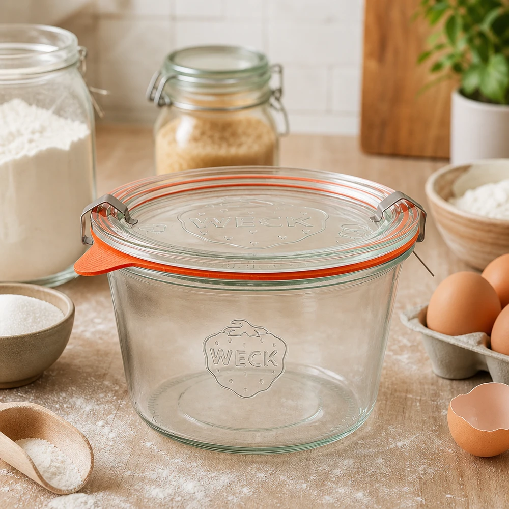 WECK 370 ml RR100 tom murerbalje på køkkenbordet mellem bageingredienser viser alsidig brug i bagning