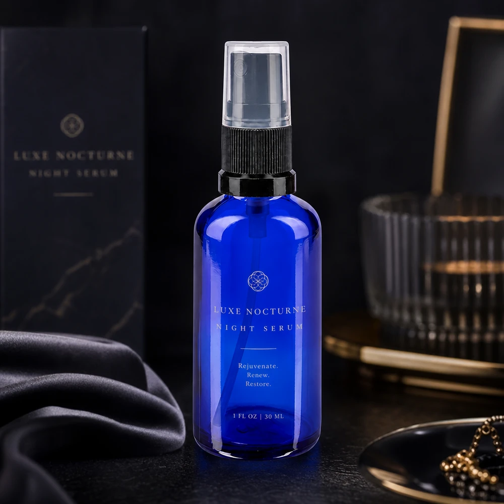 Apotekerflaske blå 50 ml spraytilbehør sort Blå 30 ml sprøjteflaske af glas med sort forstøver som emballage til natteserum