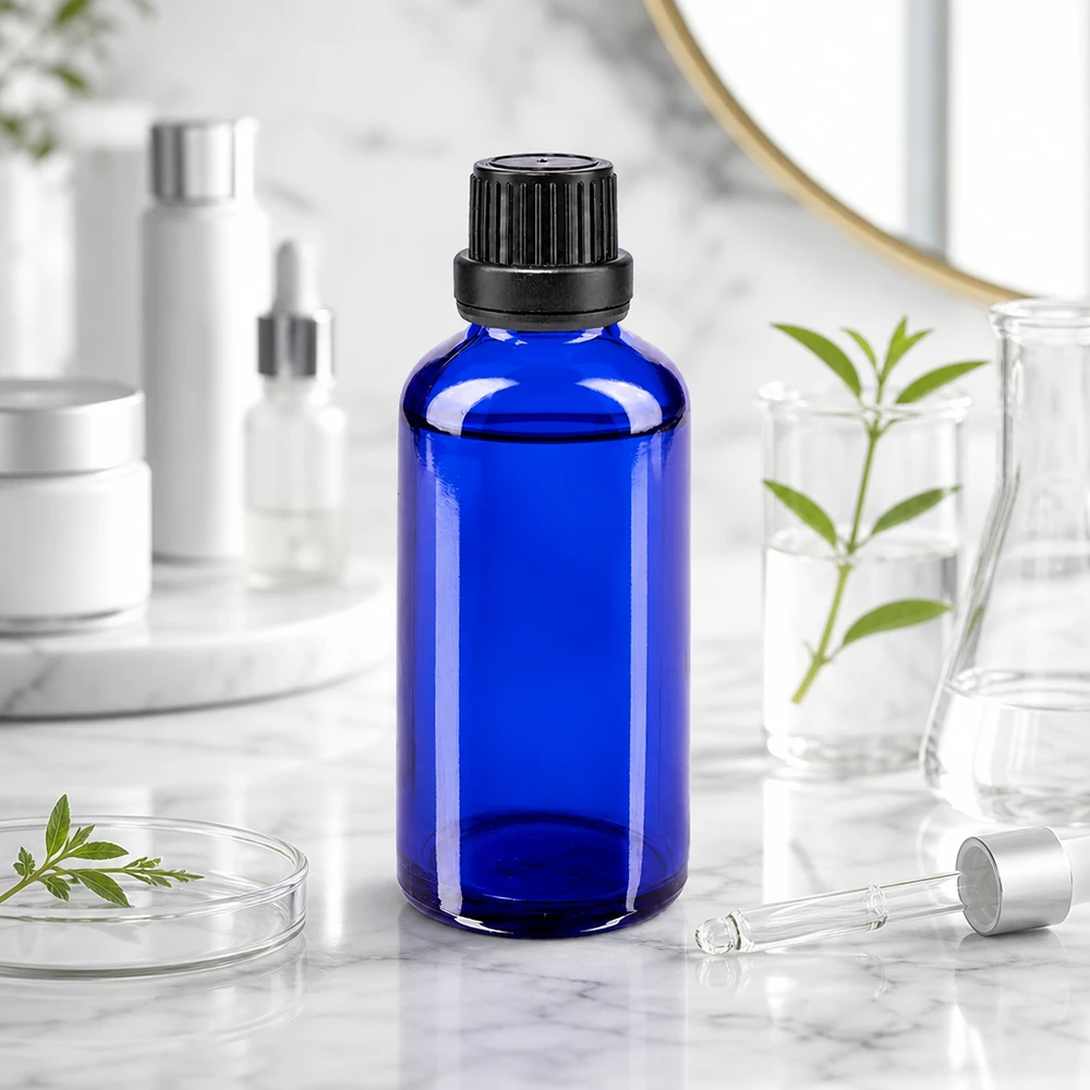 Apoteksflaske blå 50 ml skruelåg sort tæt OV Blå 50 ml glasflaske med sort låg på en marmoroverflade ved siden af en pipette og grønne planter