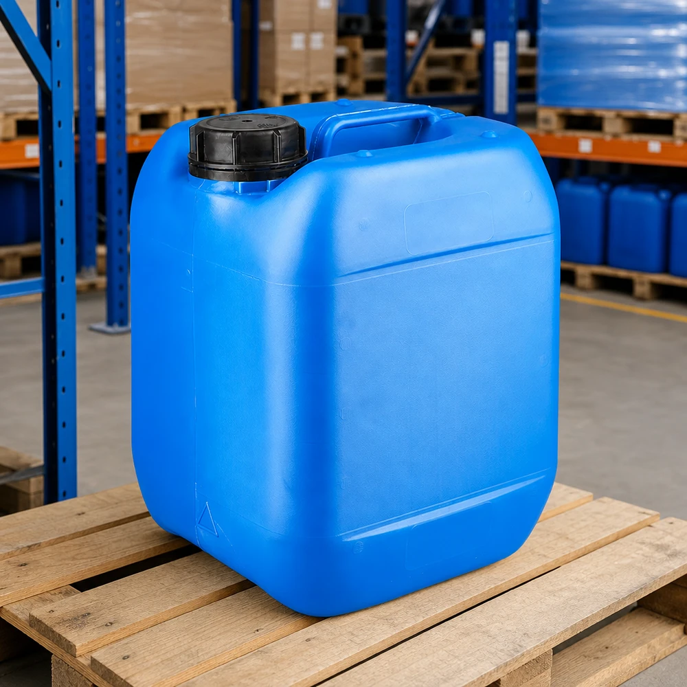 5 liters blå dunk med skruelåg OV Lille blå dunk på 5 liter med OV-lukning og bærehåndtag på træpalle på lageret