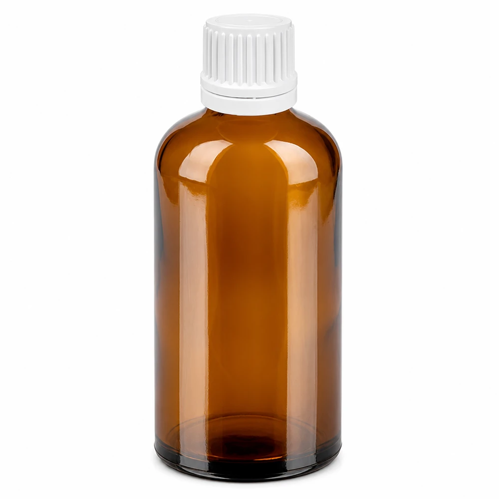 100 ml dråbeflaske 0,7 mm hvid OV BrownLine UT18/100 100 ml dråbeflaske af ravfarvet glas med hvid hætte og 0,7 mm dråbeindsats til præcis dosering